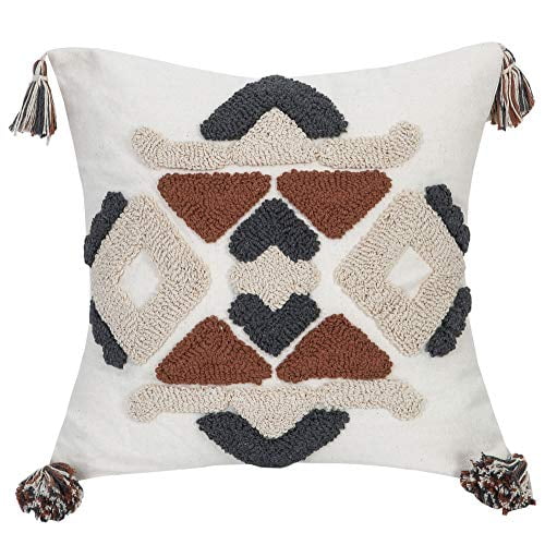 Faycole Morocco Tufted Throw Pillow Case with Tassels Boho Farmhouse Cushion Covers for Sofa Couch Home Décor 18x18 Inches Cream Beige 